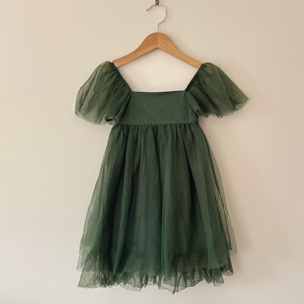 Olive Green Tulle Flower Girl Dress with Flutter Sleeves